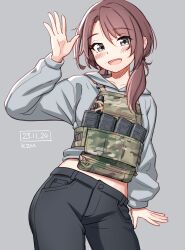 Rule 34 | 1girl, absurdres, black pants, blue background, blue eyes, blue sweater, borrowed character, brown hair, camouflage, chest rig, highres, kzm (sub-moa works), long sleeves, looking at viewer, low twintails, magazine (weapon), midriff, navel, original, pants, smile, solo, sweater, twintails, waving, woodland camouflage
