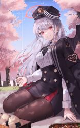 Rule 34 | 1girl, absurdres, bento, black headwear, black necktie, black pantyhose, black skirt, black wings, blue archive, braid, breasts, cherry blossoms, chopsticks, covered navel, dappled sunlight, demon wings, grey hair, halo, hanami, haruna (blue archive), high-waist skirt, highres, holding, holding chopsticks, jacket, long hair, long sleeves, looking at viewer, medium breasts, necktie, pantyhose, red eyes, seiza, shirt, sion (im10042m), sitting, skirt, smile, solo, sunlight, tail, wings