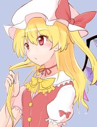 Rule 34 | 1girl, blonde hair, blue background, bow, bowtie, buttons, commentary request, flandre scarlet, hair between eyes, hat, hat bow, highres, long hair, mob cap, neck ribbon, one side up, oshiaki, parted lips, puffy short sleeves, puffy sleeves, red bow, red eyes, red ribbon, ribbon, short sleeves, simple background, solo, touhou, twirling hair, upper body, white hat, yellow neckwear