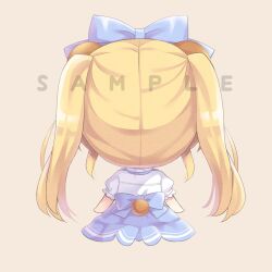 Rule 34 | 1girl, arms at sides, back bow, blonde hair, blue bow, blue skirt, bow, chibi, commentary request, from behind, hair bow, high-waist skirt, hoshimame mana, long hair, puffy short sleeves, puffy sleeves, sample watermark, shirt, short sleeves, sidelocks, sitting, skirt, solo, summer pockets, tsumugi wenders, twintails, watermark, white shirt