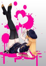 Rule 34 | 10s, 1boy, armor, bad id, bad pixiv id, belt, black footwear, black thighhighs, blonde hair, blue eyes, boots, commentary request, crossdressing, dress, frilled skirt, frills, full body, hand on headwear, hat, heart, legs up, long hair, looking at viewer, looking back, lying, mai (maika 04), male focus, midare toushirou, military, military uniform, necktie, on back, skirt, smile, solo, thigh boots, thighhighs, touken ranbu, trap, uniform