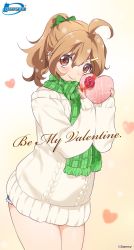 Rule 34 | 1girl, ahoge, alternate hairstyle, bow, box, brown eyes, brown hair, candy, chocolate, chocolate heart, food, green bow, green scarf, hair bow, hair ornament, hairclip, heart, heart-shaped box, highres, inoue sora, looking at viewer, midori-chan (myslot), myslot, off-shoulder sweater, off shoulder, plaid, plaid scarf, ponytail, scarf, sleeves past wrists, smile, solo, standing, sweater, valentine