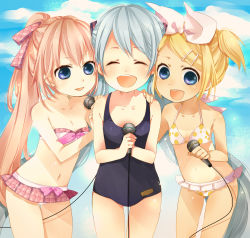 Rule 34 | 3girls, :d, ^ ^, aged down, aqua hair, bandeau, between legs, bikini, bikini skirt, bikini tan, blonde hair, blue eyes, bow, bow bikini, breasts, cable, child, cleavage, closed eyes, cloud, competition school swimsuit, cowboy shot, day, flat chest, hair ornament, hair ribbon, hairclip, hand on another&#039;s shoulder, hands on another&#039;s shoulders, happy, hatsune miku, high ponytail, holding, kagamine rin, long hair, looking at viewer, mata, megurine luka, microphone, multiple girls, music, navel, one-piece swimsuit, open mouth, outdoors, pink hair, plaid, plaid bikini, polka dot, polka dot bikini, polka dot swimsuit, ponytail, project diva, project diva (series), project diva 2nd, ribbon, school swimsuit, short hair, short twintails, silver hair, singing, sky, small breasts, smile, swept bangs, swimsuit, tan, tanline, twintails, very long hair, vocaloid