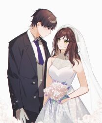 Rule 34 | 1boy, 1girl, artem wing (tears of themis), black jacket, black pants, blue eyes, blue necktie, bouquet, bridal veil, brown hair, closed mouth, commentary, dress, english commentary, flower, gloves, green eyes, grey vest, highres, holding, holding bouquet, jacket, long hair, looking at another, necktie, pants, rosa (tears of themis), short hair, sleeveless, sleeveless dress, smile, tears of themis, tercynya, veil, vest, wedding dress, white background, white dress, white flower, white gloves