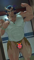 Rule 34 | 1boy, armpit hair, bara, biceps, black hair, bracelet, broken horn, bulge, character request, closed mouth, emoji, facial hair, flexing, fumio (snnmfmw), highres, holding, holding phone, horns, jewelry, large pectorals, male focus, muscular, muscular male, necklace, pectorals, phone, selfie, shirt, short hair, solo, thick thighs, thighs, tokyo houkago summoners, torn clothes, torn shirt
