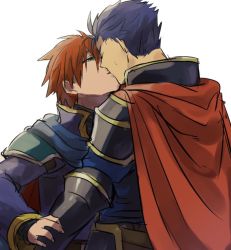 Rule 34 | 2boys, arm grab, armor, black armor, blue cape, blue eyes, blue hair, cape, eliwood (fire emblem), closed eyes, fire emblem, fire emblem: the blazing blade, friends, gloves, hair between eyes, half-closed eyes, hector (fire emblem), kiss, kometubu0712, looking at another, male focus, multiple boys, neck, nintendo, red cape, red hair, short hair, simple background, sweatdrop, turtleneck, white background, yaoi