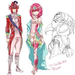 Rule 34 | 1boy, 1girl, blush, brother and sister, cape, dress, fish girl, high heels, humanization, jewelry, long hair, looking at viewer, mipha, nintendo, pointy ears, red hair, shuri (84k), siblings, sidon, smile, the legend of zelda, the legend of zelda: breath of the wild, yellow eyes