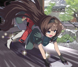 Rule 34 | 1girl, all fours, apron, architecture, black gloves, black headband, brown hair, cleaning, cloth, commentary request, east asian architecture, fingerless gloves, frilled apron, frills, full body, gloves, goddess of victory: nikke, green kimono, grey eyes, hair between eyes, headband, holding, holding towel, indoors, japanese clothes, kimono, long hair, mica (nikke), mica (snow buddy) (nikke), obi, official alternate costume, open mouth, pantyhose, sash, shadow, short sleeves, sidelocks, snowing, solo, sparkle, syope, towel, tree, very long hair, white pantyhose, wiping
