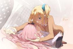 Rule 34 | 1other, 2girls, absurdres, alternate costume, black footwear, blonde hair, blue eyes, blue scrunchie, blush, breasts, brown footwear, brown sweater, cardigan, commentary request, dated, eye contact, from side, fujiwara chika, girl on top, hair ornament, hair scrunchie, hand in another&#039;s hair, hayasaka ai, highres, holding another&#039;s wrist, imminent kiss, kaguya-sama wa kokurasetai ~tensai-tachi no renai zunousen~, long hair, long sleeves, looking at another, lying, multiple girls, on back, on person, one side up, pants, parted lips, pink hair, scrunchie, shoes, signature, skirt, sweater, table, tanziya (codlxcold), teeth, yuri