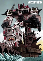 Rule 34 | autobot, clenched hand, cloud, commentary, dam, english commentary, highres, jim stafford, mecha, metroplex, mountain, open hand, robot, sky, solo, transformers, twitter username, visor, western comics (style)