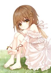 Rule 34 | 1girl, bare shoulders, barefoot, brown eyes, brown hair, closed mouth, dress, frilled dress, frills, hair ornament, hairclip, hugging own legs, knees up, long hair, looking at viewer, low twintails, off-shoulder dress, off shoulder, on grass, original, own hands together, simple background, sitting, solo, squirrel girl (yuuhagi (amaretto-no-natsu)), twintails, white background, white dress, yuuhagi (amaretto-no-natsu)
