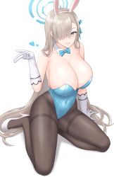 Rule 34 | 1girl, absurdres, animal ears, asuna (blue archive), asuna (bunny) (blue archive), black pantyhose, blue archive, blue eyes, blue leotard, bow, bowtie, breasts, cleavage, fake animal ears, green hair, hair over one eye, highres, kneeling, large breasts, leotard, looking at viewer, mole, mole on breast, one eye closed, pantyhose, playboy bunny, rabbit ears, sama samasa, seductive smile, skin tight, skindentation, smile, solo, traditional bowtie