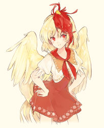 Rule 34 | 1girl, :&gt;, animal, animal on head, beige background, bird, bird wings, blonde hair, chick, closed mouth, cropped legs, dress, facing viewer, feathered wings, hands on own hips, hisona (suaritesumi), looking up, multicolored hair, niwatari kutaka, on head, orange dress, puffy short sleeves, puffy sleeves, red eyes, red hair, shirt, short dress, short sleeves, simple background, solo, tail, touhou, white shirt, wings