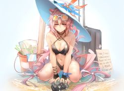 Rule 34 | 1girl, animal ears, arknights, bare shoulders, black one-piece swimsuit, breasts, bridal gauntlets, broken, bucket, camera, casual one-piece swimsuit, center opening, cleavage, closed mouth, clothes hanger, collarbone, criss-cross halter, crying, crying with eyes open, dog ears, english text, full body, halterneck, hat, highres, jueduihuoli, kneeling, large breasts, long hair, navel, one-piece swimsuit, pink eyes, pink hair, shallow water, signature, solo, suitcase, sun hat, swimsuit, tears, u-official (arknights), water, white hat