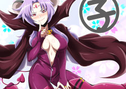 Rule 34 | &gt;:), 10s, 1girl, animal ears, artist request, blush, body blush, bodysuit, breasts, breasts apart, bridal gauntlets, cape, center opening, chuu-tan, cleavage, demon tail, etotama, evil smile, female focus, finger to mouth, forehead jewel, gem, gradient background, index finger raised, large breasts, light smile, long hair, mouse ears, nami makoto, navel, nose blush, petals, purple hair, purple thighhighs, purple years, red eyes, smile, solo, tail, thigh strap, thighhighs, unzipped, v-shaped eyebrows, zipper