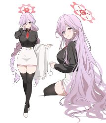 Rule 34 | 1girl, alternate hairstyle, black shirt, black thighhighs, blue archive, blush, braid, breasts, closed mouth, crossed legs, hair between eyes, hair down, halo, highres, holding, large breasts, long hair, long sleeves, mery (yangmalgage), multiple views, pencil skirt, pink hair, shirt, shirt tucked in, simple background, sitting, skirt, smile, thighhighs, tomoe (blue archive), twin braids, very long hair, watson cross, white background, white skirt