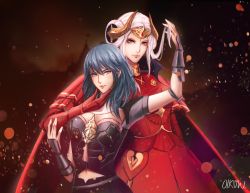 Rule 34 | 2girls, blurry, blurry background, byleth (female) (fire emblem), byleth (fire emblem), cape, castle, dark background, dark sky, edelgard von hresvelg, embers, fire emblem, fire emblem: three houses, green hair, hand on another&#039;s chin, highres, looking at viewer, midriff, multiple girls, navel, nintendo, oikvw, parted lips, red cape, silver hair, smile, tiara, upper body