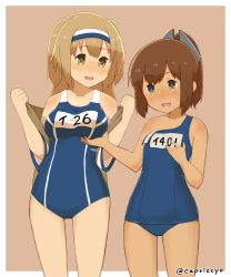 Rule 34 | 10s, 2girls, :d, blue one-piece swimsuit, blush, body blush, bouncing breasts, breast envy, grabbing another&#039;s breast, breasts, brown background, brown eyes, brown hair, capriccyo, cardigan, character name, commentary, eyebrows, flat chest, grabbing, hair ornament, hairband, hairclip, happy, height difference, high ponytail, highres, hip focus, i-26 (kancolle), i-401 (kancolle), kantai collection, light brown hair, long hair, looking at another, medium breasts, motion lines, multiple girls, name tag, new school swimsuit, off shoulder, old school swimsuit, one-piece swimsuit, open cardigan, open clothes, open mouth, outside border, parted bangs, ponytail, sailor collar, school swimsuit, short ponytail, short sleeves, sidelocks, simple background, single vertical stripe, smile, standing, strap pull, swimsuit, swimsuit under clothes, tan, taut clothes, twitter username, two-tone hairband, two side up, undressing