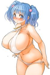 Rule 34 | 1girl, belly, bikini, blue eyes, blue hair, blush, breasts, curvy, hair bobbles, hair ornament, huge breasts, kawashiro nitori, key, looking at viewer, matching hair/eyes, navel, perky breasts, plump, sachito, short hair, simple background, solo, standing, swimsuit, thick thighs, thighs, touhou, twintails, two side up, white background, wide hips