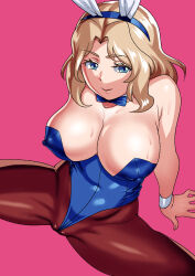 Rule 34 | 1girl, animal ears, blonde hair, blue bow, blue bowtie, blue eyes, bow, bowtie, breasts, brown pantyhose, cleavage, covered erect nipples, girls und panzer, highres, kay (girls und panzer), large breasts, leotard, matsuda shin, pantyhose, pink background, playboy bunny, rabbit ears, seductive smile, short hair, smile, solo, wrist cuffs