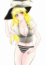 Rule 34 | 1girl, blonde hair, blush, bow, braid, breasts, cleavage, collarbone, hat, hat bow, highres, kirisame marisa, long hair, navel, panties, shumichi, side braid, solo, striped clothes, striped panties, touhou, underwear, witch hat, yellow eyes