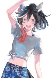 Rule 34 | 1girl, animal ears, arm up, b qpyz, black hair, blue eyes, blue shorts, commentary request, ear covers, floral print, gaze on me! outfit (umamusume), hair between eyes, hair ornament, highres, horse ears, horse girl, horse tail, katsuragi ace (umamusume), medium hair, midriff, multicolored hair, navel, open mouth, ponytail, shirt, short sleeves, shorts, simple background, smile, solo, streaked hair, tail, tassel, tassel hair ornament, teeth, tied shirt, umamusume, upper teeth only, white background, white hair, white shirt