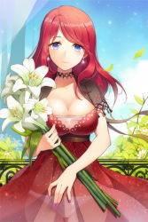 Rule 34 | 1girl, belt, blue eyes, bra, breasts, choker, cleavage, cropped jacket, dress, earrings, flower, gilse, jewelry, large breasts, lily (flower), lingerie, long hair, looking at viewer, lowres, nail polish, panties, red dress, red hair, rihanna (sword girls), see-through, smile, solo, sword girls, transparent, underwear