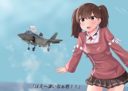 Rule 34 | 1girl, absurdres, aircraft, aircraft request, airplane, black skirt, blue background, brown eyes, brown hair, commentary request, cowboy shot, dress, f-35 lightning ii, f-35b lightning ii, highres, japanese clothes, jouzaburou (joe3), kantai collection, kariginu, leaning forward, magatama, pleated dress, ryuujou (kancolle), skirt, solo, standing, subtitled, translation request, twintails