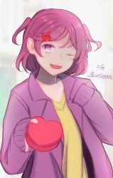 Rule 34 | 1girl, artist name, blurry, blurry background, breasts, casual, collarbone, dated, doki doki literature club, fang, gift, hair between eyes, hair ornament, hairclip, hand on own shoulder, head tilt, heart, highres, holding, holding gift, jacket, long sleeves, looking at viewer, lvxsiguma, natsuki (doki doki literature club), one eye closed, open mouth, outstretched arm, pink eyes, pink hair, purple jacket, shiny skin, shirt, short hair, short twintails, small breasts, smile, solo, standing, twintails, twitter username, valentine, wink, yellow shirt