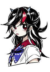 Rule 34 | 1girl, black hair, blue bow, blue bowtie, blush stickers, bow, bowtie, cropped torso, grey horns, horns, ichirugi, kijin seija, long hair, looking at viewer, multicolored hair, red eyes, red hair, shirt, short sleeves, solo, streaked hair, tongue, tongue out, touhou, upper body, white background, white shirt