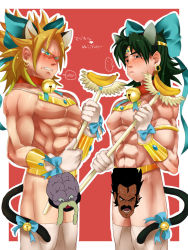 Rule 34 | 2boys, abs, armlet, banana, bell, bitaro, black hair, blonde hair, blush, bow, broly (dragon ball z), censored, character censor, character request, dragon ball, dragonball z, dual persona, earrings, food, fruit, green eyes, green hair, humiliation, jewelry, lots of jewelry, male focus, multiple boys, muscular, nipples, novelty censor, pectorals, topless male, super saiyan, tail
