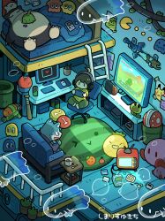 Rule 34 | 2boys, absurdres, artist name, bed, carpet, commentary, couch, game boy, game console, gen 1 pokemon, gen 3 pokemon, ghost, gulpin, handheld game console, headphones, highres, holding, holding handheld game console, indoors, inkling, isometric, kirby, ladder, monitor, multiple boys, nintendo switch, original, pac-man, pillow, piranha plant, plant, playing games, potted plant, shimarisu yukichi, sitting, snorlax, stuffed toy, suika game, super nintendo, swivel chair, table, television, water gun, wolf boy