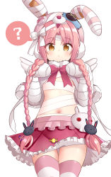 Rule 34 | 1girl, ?, animal ear headwear, animal ears, animal hat, bandaged arm, bandaged hand, bandages, braid, brown eyes, button eyes, buttons, capelet, commentary request, fake animal ears, flat chest, fur trim, hair ornament, hands on own chest, hat, highres, holding, holding hair, long hair, looking at viewer, mimi (halloween) (princess connect!), mimi (princess connect!), miniskirt, navel, no shirt, pink capelet, pink hair, pink hat, princess connect!, rabbit ears, rabbit hair ornament, rabbit hat, red skirt, rokushou kokuu, simple background, skirt, solo, spoken question mark, striped clothes, striped thighhighs, thigh gap, thighhighs, thighs, twin braids, twintails, very long hair, white background, zettai ryouiki