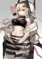 Rule 34 | 1girl, absurdres, arknights, arm strap, bare shoulders, black gloves, blonde hair, blush, breasts, cleavage, collar, cowboy shot, earrings, female focus, gloves, gradient background, grey background, hair ornament, highres, horns, infection monitor (arknights), jewelry, large breasts, long hair, long sleeves, looking at viewer, mamera1129, material growth, mudrock (arknights), navel, open clothes, open mouth, oripathy lesion (arknights), pointy ears, red eyes, solo, sports bra, stomach, toned, undressing, very long hair