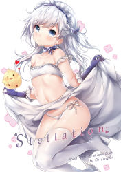 Rule 34 | &gt; o, 1girl, aged down, artist name, azur lane, bare shoulders, belfast (azur lane), bird, blue eyes, blue gloves, blush, bow, braid, breasts, bright pupils, chiyingzai, choker, clothes lift, collarbone, commentary request, cover, cover page, covered erect nipples, elbow gloves, french braid, frill trim, frills, gloves, hair between eyes, head tilt, highres, lifted by self, little bel (azur lane), long hair, long skirt, looking at viewer, maid headdress, navel, no shoes, one eye closed, one side up, panties, ribbon choker, side-tie panties, side braid, silver hair, simple background, skirt, skirt lift, small breasts, solo, strapless, string panties, thighhighs, tube top, underwear, white background, white panties, white thighhighs