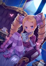 Rule 34 | 1girl, :o, beatrice (re:zero), blonde hair, blue eyes, blush, book, bow, bug, butterfly, butterfly-shaped pupils, capelet, crown, cup, dress, drill hair, forehead, hair ribbon, highres, indoors, insect, knees up, long hair, long sleeves, looking at viewer, mini crown, night, open mouth, pantyhose, pine (angel4195202), re:zero kara hajimeru isekai seikatsu, ribbon, sitting, striped clothes, striped pantyhose, symbol-shaped pupils, twin drills, twintails, window