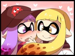 Rule 34 | 2girls, artist name, baseball cap, black border, blonde hair, blush, border, cheek-to-cheek, eromame, fang, fang out, gradient background, hand on another&#039;s chin, hat, heads together, heart, heart background, imminent kiss, inkling, inkling girl, inkling player character, long hair, multiple girls, nintendo, one-hour drawing challenge, pointy ears, purple eyes, purple hair, splatoon (series), splatoon 1, sweat, tentacle hair, twitter username, yellow eyes, yuri