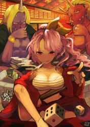 Rule 34 | 1girl, 2boys, absurdres, blonde hair, breasts, cleavage, colored skin, dice, earrings, hand fan, high ponytail, highres, indoors, japanese clothes, jewelry, kimono, komakusa sannyo, looking at another, looking at viewer, maaru (akira428), medium breasts, multiple boys, oni, pointy ears, purple hair, purple skin, red eyes, red kimono, red skin, scar, scar on face, shoulder tattoo, smoking, tattoo, touhou, wavy hair, wide sleeves