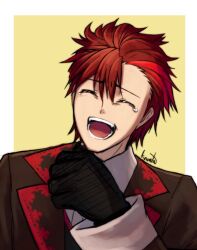 Rule 34 | 1boy, black gloves, clenched hand, closed eyes, diamant (fire emblem), fire emblem, fire emblem engage, gloves, kanata rot, laughing, male focus, nintendo, open mouth, red hair, solo, teeth, upper body