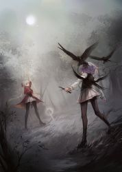 Rule 34 | 2girls, bird, black footwear, eye contact, fighting stance, grass, hair ribbon, highres, holding, holding knife, knife, long hair, looking at another, moon, multiple girls, night, nyanfood, original, pantyhose, pleated skirt, polearm, purple hair, raven, crow, red ribbon, ribbon, shoes, short hair, skirt, spear, standing, tree, weapon, white hair, white skirt, wings