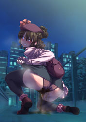 Rule 34 | alley, ass, backpack, bag, beret, black legwear, black skirt, blush, brown hair, building, city, city lights, cityscape, clothes lift, clothes pull, curly hair, embarrassed, exhibitionism, fence, fingernails, frilled shirt, frilled sleeves, frills, from behind, from below, furrowed brow, gluteal fold, hair between eyes, hairy, hat, heavy breathing, highres, kneeling, lifted by self, long hair, long sleeves, looking at viewer, meiz, miniskirt, night, night sky, one side up, original, outdoors, panties, pee, pee stain, peeing, peeing self, pink shirt, plant, pom pom (clothes), pubic hair, public indecency, puddle, purple panties, red eyes, shadow, shirt, sidelocks, skirt, skirt hold, skirt lift, skirt pull, skirt set, sky, smile, socks over thighhighs, splashing, star (sky), starry sky, steam, steaming body, striped clothes, striped panties, sweat, sweatdrop, teeth, thighhighs, tree, underwear, wall, water drop, wet, wet clothes, wet panties