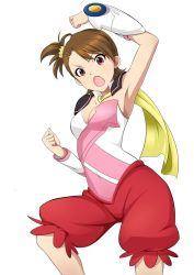 Rule 34 | 1girl, arm up, armpits, brown eyes, brown hair, cape, covered navel, cowboy shot, futami ami, hair ornament, idolmaster, idolmaster (classic), looking at viewer, open mouth, red shorts, short hair, shorts, simple background, solo, strapless, white background