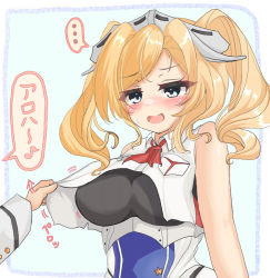 Rule 34 | 1girl, 1other, ascot, blonde hair, blue eyes, breasts, commentary request, drill hair, highres, honolulu (kancolle), kantai collection, kasashi (kasasi008), large breasts, long hair, military, military uniform, red ascot, sleeveless, twin drills, twintails, uniform, upper body