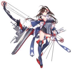 Rule 34 | 1girl, ahoge, american flag, american flag print, anchor, anchor hair ornament, armpits, arrow (projectile), atdan, azur lane, bare shoulders, belt, black skirt, blue coat, blue footwear, boots, bow (weapon), breasts, brown hair, coat, crane (machine), flag print, flight deck, floating hair, full body, gloves, grey jacket, hair ornament, half gloves, high collar, highres, holding, holding arrow, holding bow (weapon), holding weapon, independence (azur lane), jacket, knee pads, large breasts, long hair, looking at viewer, low ponytail, machinery, miniskirt, mole, mole on thigh, off shoulder, official art, open clothes, open coat, parted lips, pleated skirt, quiver, red eyes, red gloves, rigging, rudder footwear, sidelocks, single knee pad, skirt, sleeveless, sleeveless jacket, slit pupils, solo, standing, star (symbol), star print, taut clothes, taut jacket, thigh boots, thighhighs, transparent background, very long hair, weapon, wide sleeves