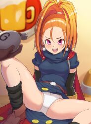 Rule 34 | 1girl, barbara (dq6), belt, blush, breasts, cape, chiwino, dragon quest, dragon quest vi, dress, earrings, gloves, high ponytail, highres, jewelry, long hair, looking at viewer, medium breasts, open mouth, orange hair, panties, ponytail, purple eyes, smile, solo, underwear, white panties