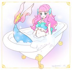 Rule 34 | 1girl, :d, artist name, bad id, bad pixiv id, bare shoulders, bath, bathtub, blouse, blue eyes, blush, bubble, bubble bath, clothed bath, commentary, crop top, fins, framed, frilled shirt, frills, gift art, gradient background, hayasaka megumi, head fins, highres, jewelry, laura (precure), mermaid, midriff, monster girl, multicolored shirt, navel, necklace, open mouth, partially submerged, pearl hair ornament, pearl necklace, pink hair, precure, round teeth, shell, shell print, shirt, sleeveless, sleeveless shirt, smile, solo, split tail, stomach, teeth, thick eyebrows, tropical-rouge! precure, upper teeth only, white shirt