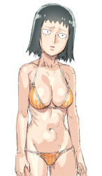 Rule 34 | 10s, 1girl, bikini, black eyes, black hair, breasts, cleavage, constricted pupils, eyelashes, hand on own hip, kurata tome, mob face, mob psycho 100, navel, one eye closed, simple background, sweat, swimsuit, tenchisouha, wink