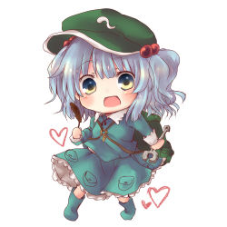 Rule 34 | 1girl, :o, backpack, bag, blue eyes, blue hair, blush, blush stickers, boots, cattail, chibi, dress, frilled skirt, frills, full body, hair bobbles, hair ornament, hat, heart, kawashiro nitori, key, kudukimii, long sleeves, matching hair/eyes, open mouth, plant, pocket, puffy long sleeves, puffy sleeves, ribbon, rubber boots, shirt, short hair, short twintails, simple background, skirt, skirt set, smile, solo, tools, touhou, twintails, two side up, white background, wrench
