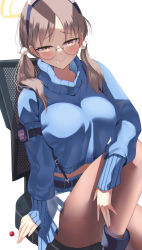 Rule 34 | 1girl, :&gt;, absurdres, blue archive, breasts, brown eyes, brown hair, candy, chair, drooling, food, glasses, halo, highres, jitome, katagirinanoka, large breasts, lollipop, long hair, long sleeves, looking at viewer, midriff peek, miniskirt, moe (blue archive), office chair, pantyhose, simple background, sitting, skirt, smile, sweater, swivel chair, turtleneck, twintails, white background