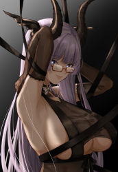 Rule 34 | 1girl, absurdres, alternate costume, armpits, arms behind head, azur lane, bare shoulders, black gloves, black leotard, black ribbon, blue eyes, blunt bangs, blush, bow, bowtie, breasts, cleavage, closed mouth, clothing cutout, demon horns, demon tail, elbow gloves, expulse, glasses, gloves, gneisenau (azur lane), gneisenau (nightmarish succubus) (azur lane), gradient background, halloween costume, heart, heart-shaped pupils, highres, horns, large breasts, leotard, long hair, looking at viewer, purple hair, rectangular eyewear, red-framed eyewear, ribbon, see-through, semi-rimless eyewear, simple background, skindentation, smile, solo, symbol-shaped pupils, tail, underboob, underboob cutout, upper body, white background, white bow